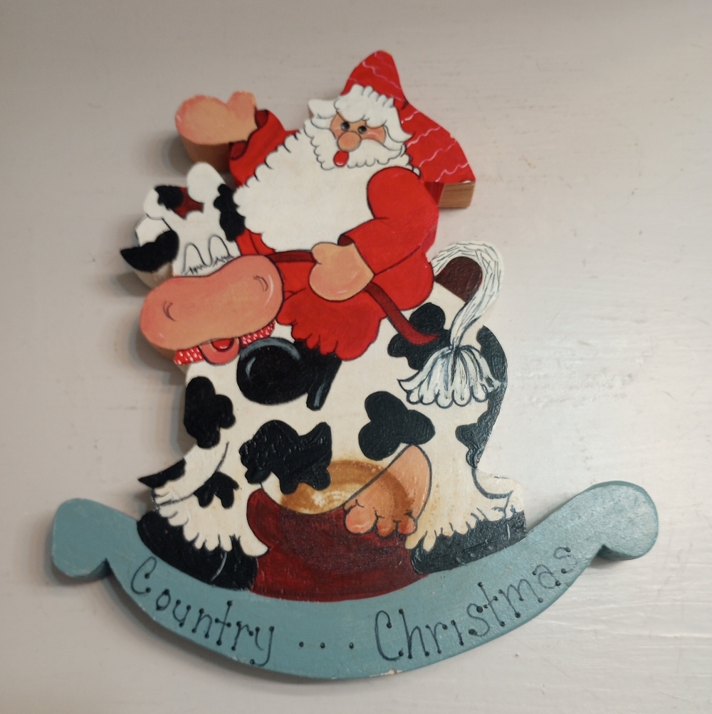 Handmade Vintage Wooden Country Christmas Santa Riding Cow Wall Art